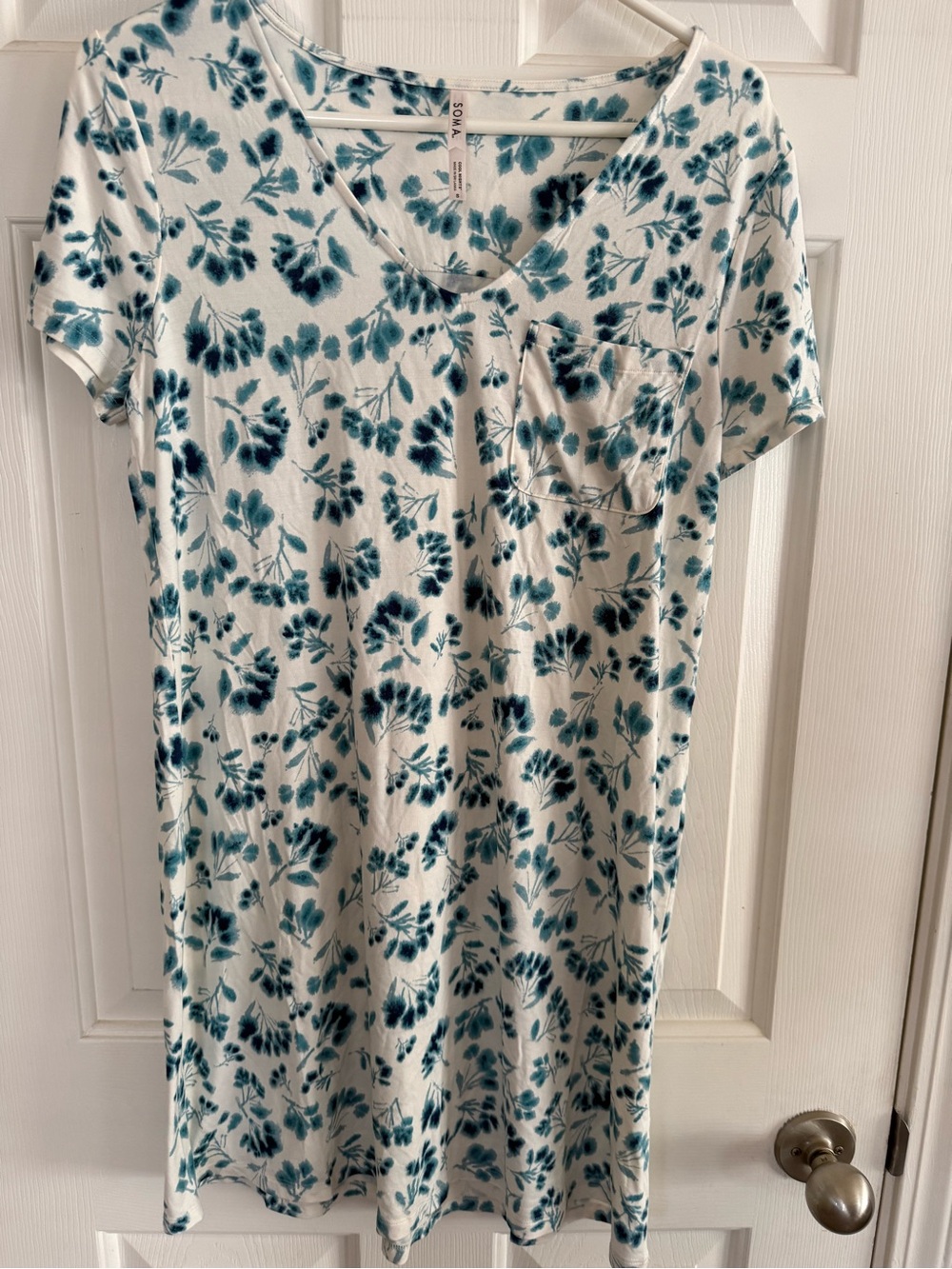 Soma Cool Nights Sleepshirt Womens Dress V-Neck Short Sleeve Pocket Blue Floral